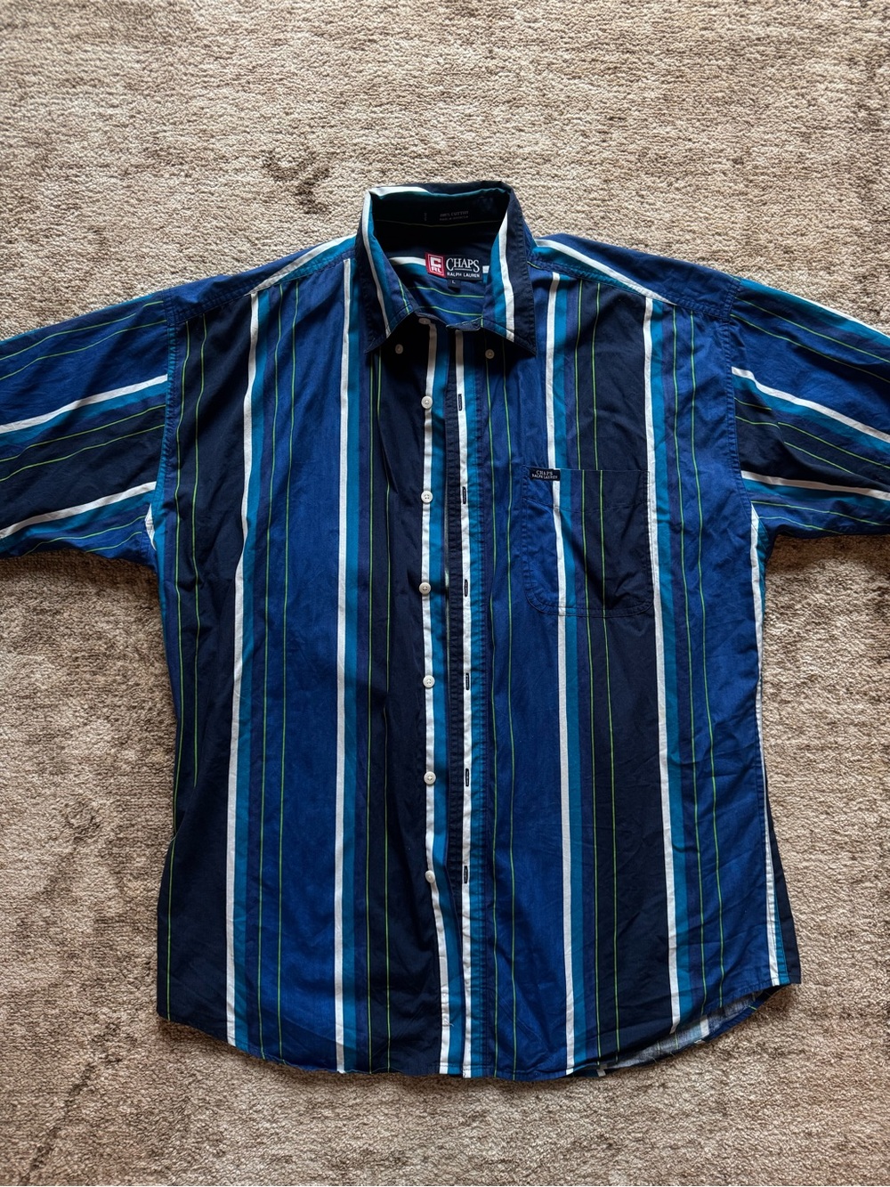 VINTAGE Chaps RALPH LAUREN Men’s Navy and Blue Vertical Stripe Button-Down Shirt